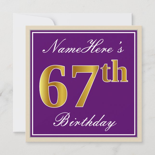 Elegant, Purple, Faux Gold 67th Birthday + Name Invitation (Front)