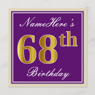 Elegant, Purple, Faux Gold 68th Birthday + Name Invitation
