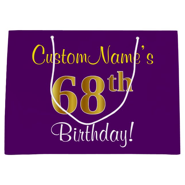 Elegant, Purple, Faux Gold 68th Birthday + Name Large Gift Bag (Front)