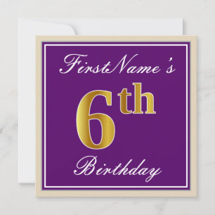 Elegant, Purple, Faux Gold 6th Birthday + Name Invitation
