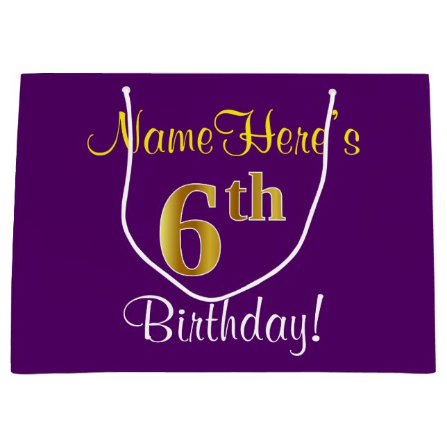 Elegant, Purple, Faux Gold 6th Birthday + Name Large Gift Bag (Front)