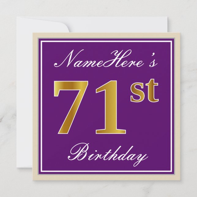 Elegant, Purple, Faux Gold 71st Birthday + Name Invitation (Front)