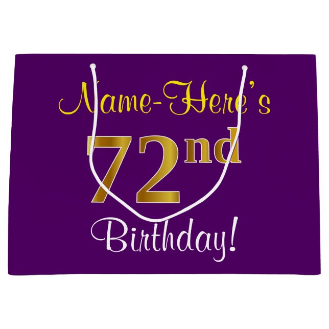 Elegant, Purple, Faux Gold 72nd Birthday + Name Large Gift Bag (Front)