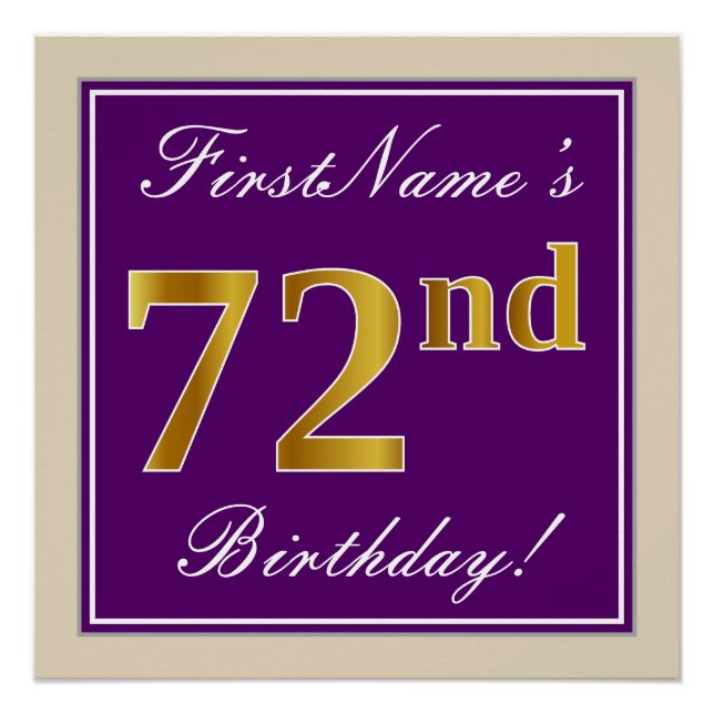 Elegant, Purple, Faux Gold 72nd Birthday + Name Poster (Front)
