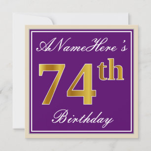 Elegant, Purple, Faux Gold 74th Birthday + Name Invitation
