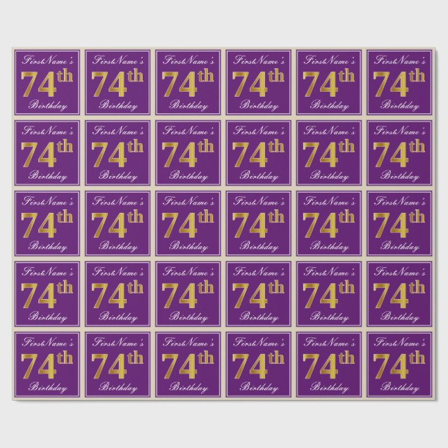 Elegant, Purple, Faux Gold 74th Birthday + Name Wrapping Paper (Flat)