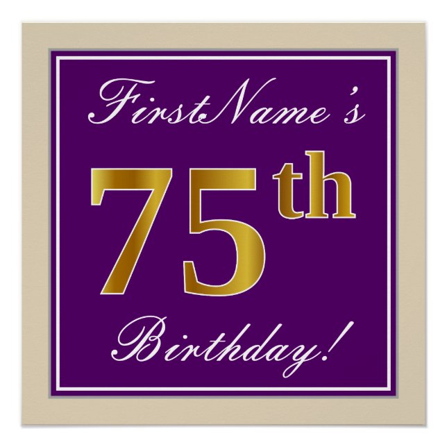 Elegant, Purple, Faux Gold 75th Birthday + Name Poster (Front)