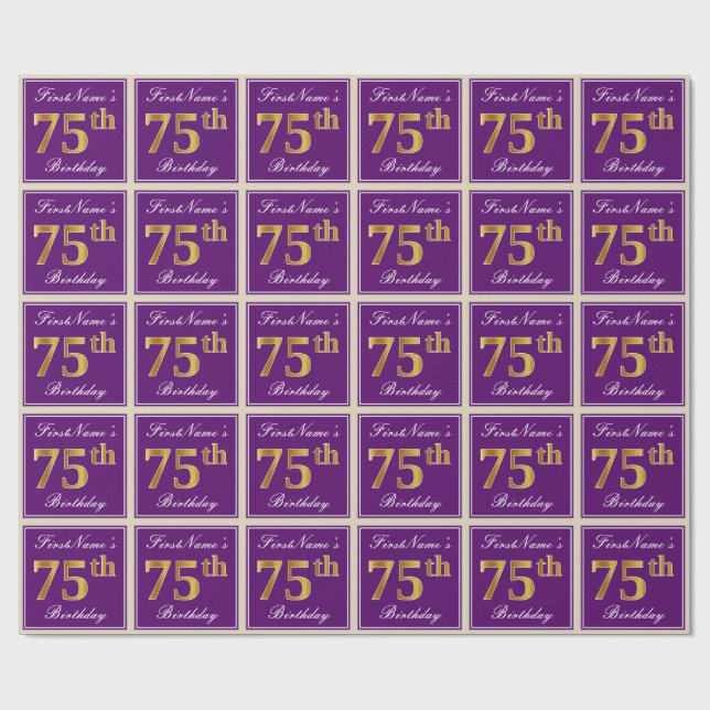 Elegant, Purple, Faux Gold 75th Birthday + Name Wrapping Paper (Flat)