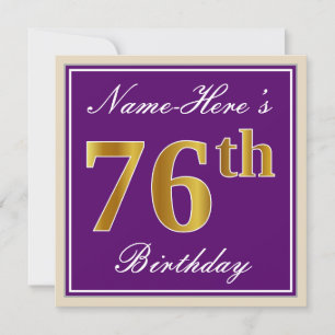 Elegant, Purple, Faux Gold 76th Birthday + Name Invitation