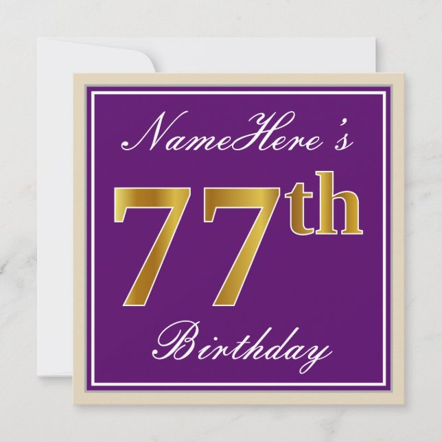 Elegant, Purple, Faux Gold 77th Birthday + Name Invitation (Front)