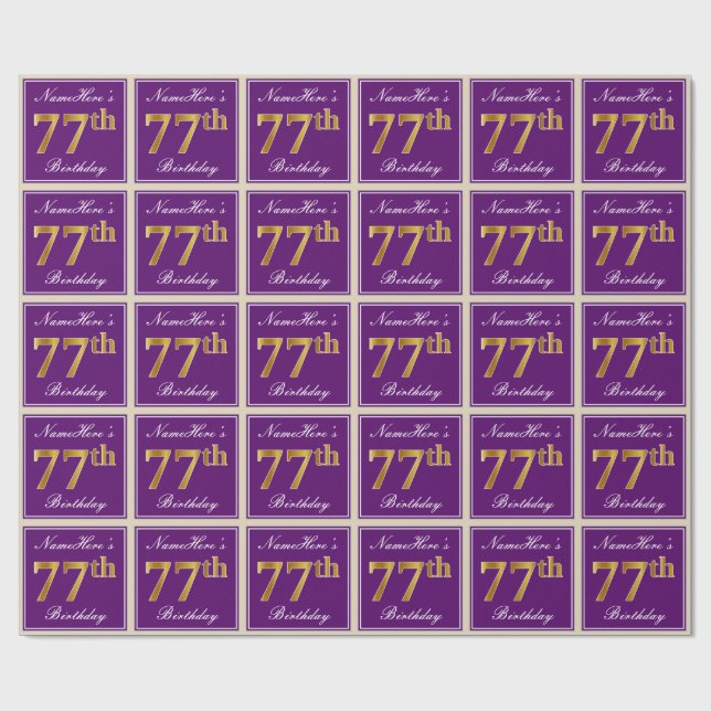 Elegant, Purple, Faux Gold 77th Birthday + Name Wrapping Paper (Flat)