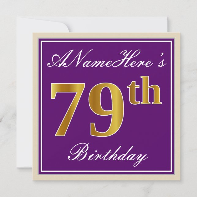 Elegant, Purple, Faux Gold 79th Birthday + Name Invitation (Front)