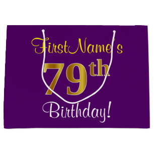 Elegant, Purple, Faux Gold 79th Birthday + Name Large Gift Bag