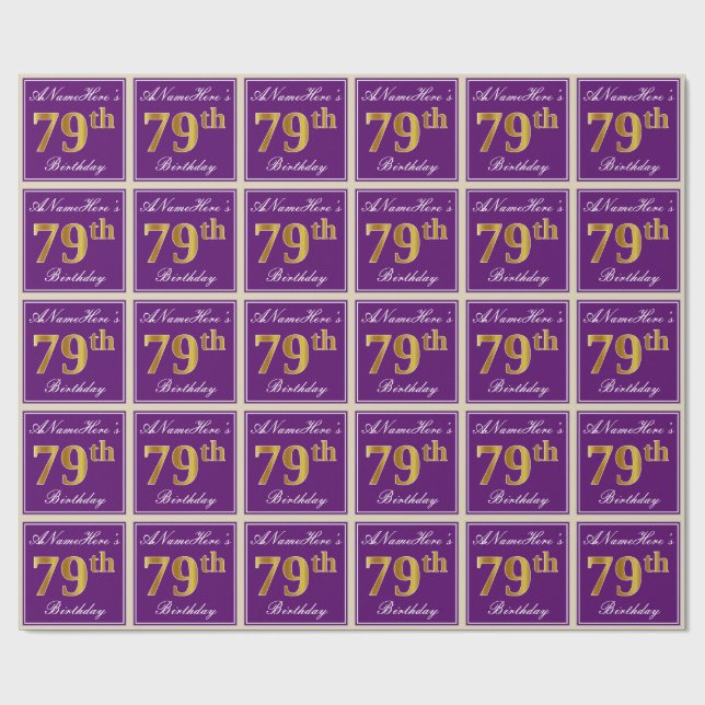 Elegant, Purple, Faux Gold 79th Birthday + Name Wrapping Paper (Flat)