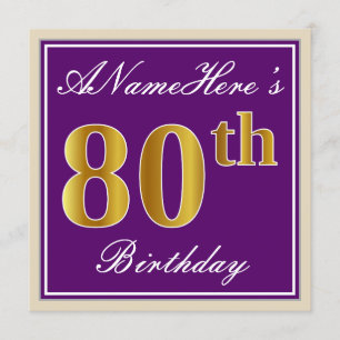 Elegant, Purple, Faux Gold 80th Birthday + Name Invitation