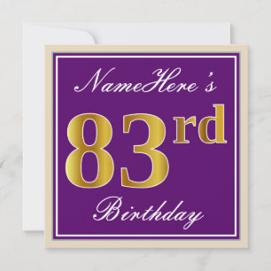 Elegant, Purple, Faux Gold 83rd Birthday + Name Invitation