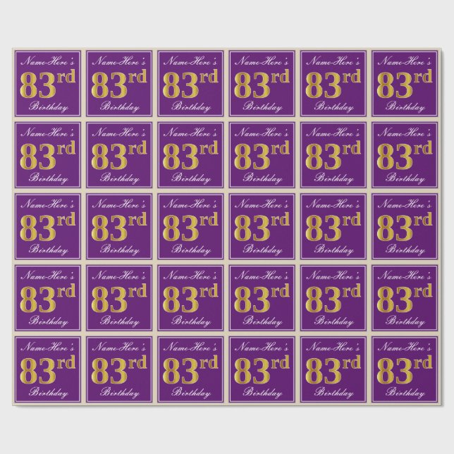 Elegant, Purple, Faux Gold 83rd Birthday + Name Wrapping Paper (Flat)
