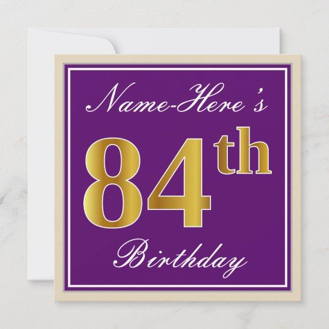 Elegant, Purple, Faux Gold 84th Birthday + Name Invitation (Front)