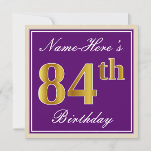 Elegant, Purple, Faux Gold 84th Birthday + Name Invitation