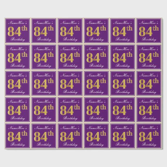 Elegant, Purple, Faux Gold 84th Birthday + Name Wrapping Paper (Flat)