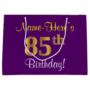 Elegant, Purple, Faux Gold 85th Birthday + Name Large Gift Bag