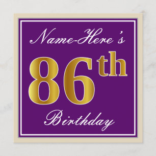 Elegant, Purple, Faux Gold 86th Birthday + Name Invitation