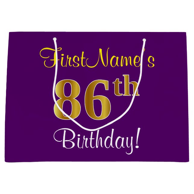 Elegant, Purple, Faux Gold 86th Birthday + Name Large Gift Bag (Front)
