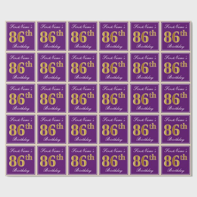 Elegant, Purple, Faux Gold 86th Birthday + Name Wrapping Paper (Flat)