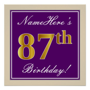 Elegant, Purple, Faux Gold 87th Birthday + Name Poster