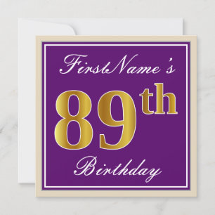Elegant, Purple, Faux Gold 89th Birthday + Name Invitation
