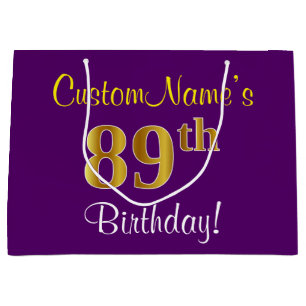 Elegant, Purple, Faux Gold 89th Birthday + Name Large Gift Bag
