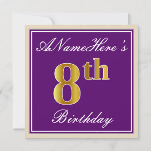 Elegant, Purple, Faux Gold 8th Birthday + Name Invitation