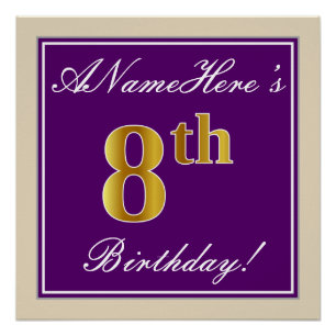 Elegant, Purple, Faux Gold 8th Birthday + Name Poster