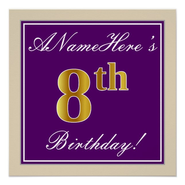Elegant, Purple, Faux Gold 8th Birthday + Name Poster (Front)
