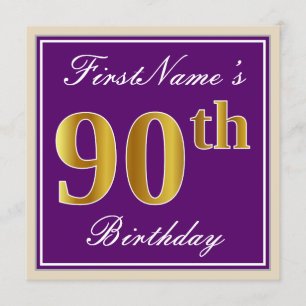 Elegant, Purple, Faux Gold 90th Birthday + Name Invitation