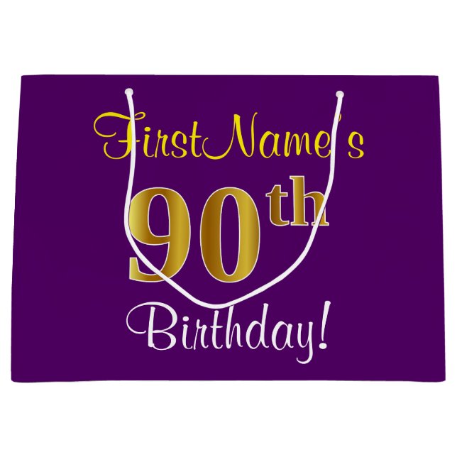 Elegant, Purple, Faux Gold 90th Birthday + Name Large Gift Bag (Front)