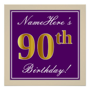 Elegant, Purple, Faux Gold 90th Birthday + Name Poster