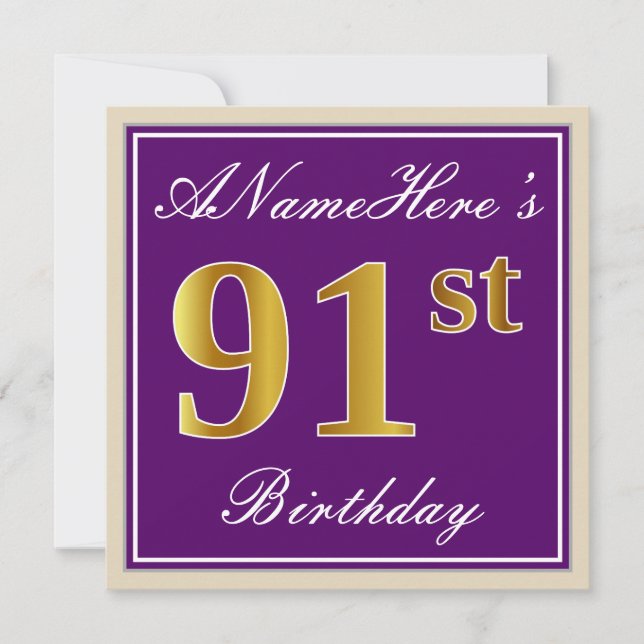 Elegant, Purple, Faux Gold 91st Birthday + Name Invitation (Front)