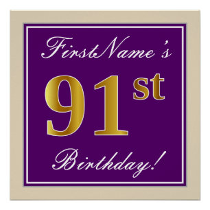 Elegant, Purple, Faux Gold 91st Birthday + Name Poster