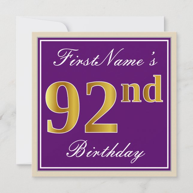 Elegant, Purple, Faux Gold 92nd Birthday + Name Invitation (Front)