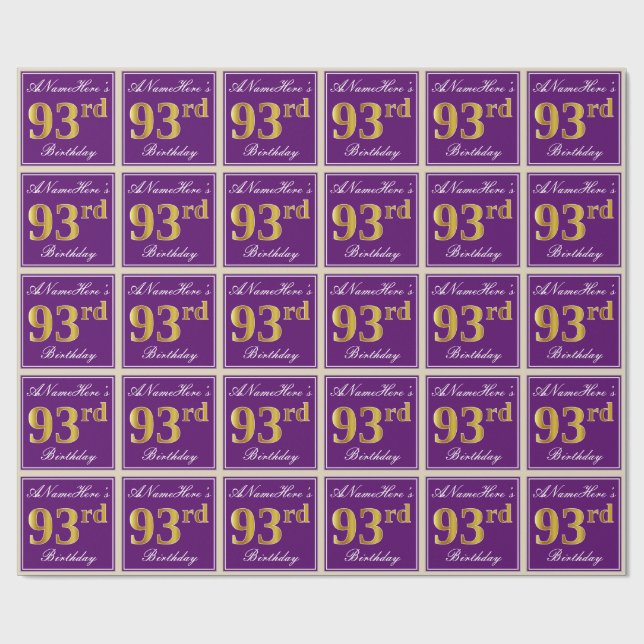 Elegant, Purple, Faux Gold 93rd Birthday + Name Wrapping Paper (Flat)