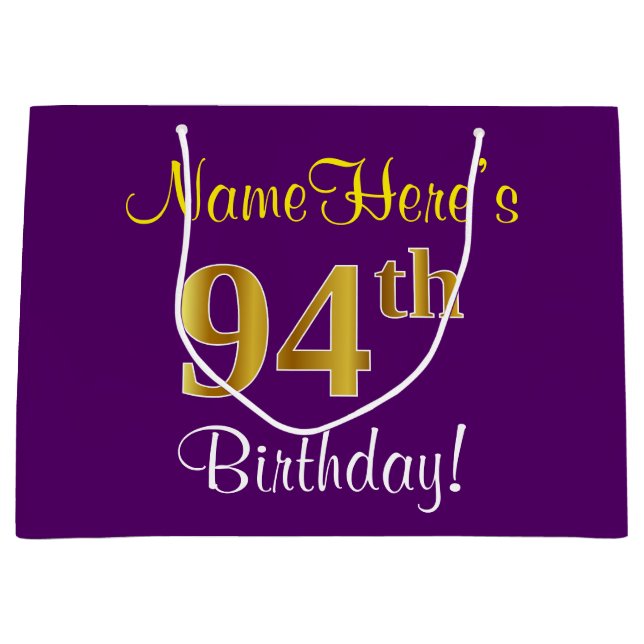 Elegant, Purple, Faux Gold 94th Birthday + Name Large Gift Bag (Front)