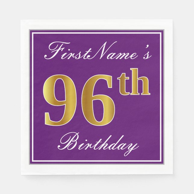 Elegant Purple, Faux Gold 96th Birthday + Name Napkin (Front)