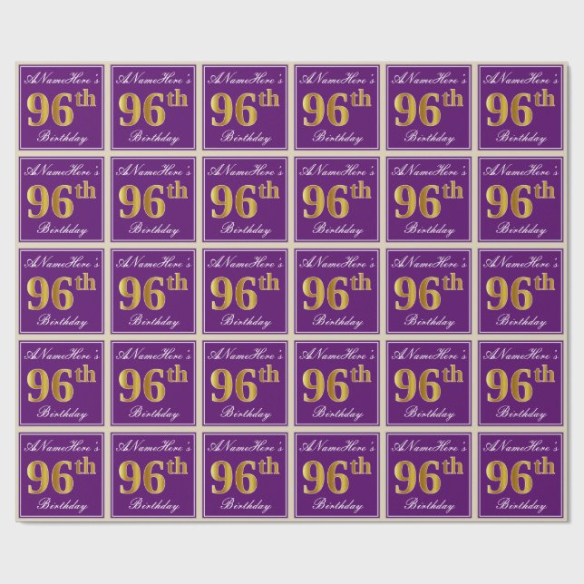Elegant, Purple, Faux Gold 96th Birthday + Name Wrapping Paper (Flat)