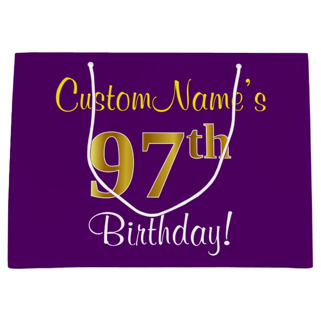 Elegant, Purple, Faux Gold 97th Birthday + Name Large Gift Bag (Front)