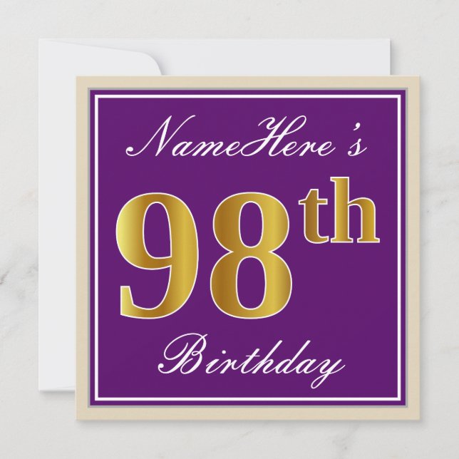 Elegant, Purple, Faux Gold 98th Birthday + Name Invitation (Front)