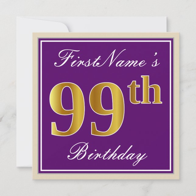 Elegant, Purple, Faux Gold 99th Birthday + Name Invitation (Front)