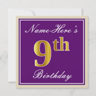Elegant, Purple, Faux Gold 9th Birthday + Name Invitation