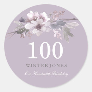 Elegant Purple Floral 100th Birthday Party Classic Round Sticker