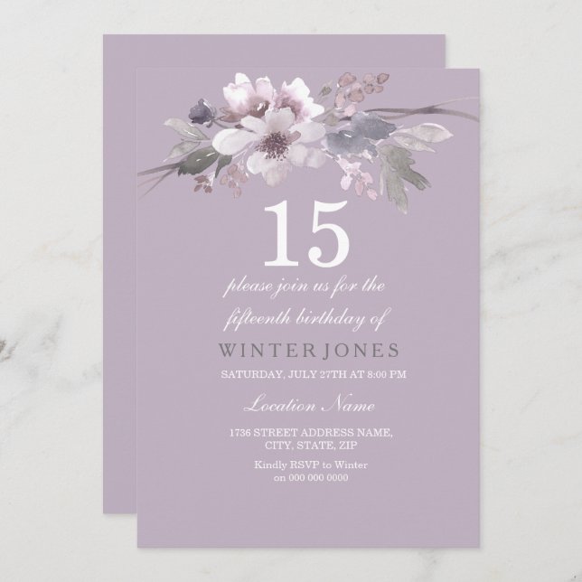 Elegant Purple Floral 15th Birthday Party Invite (Front/Back)
